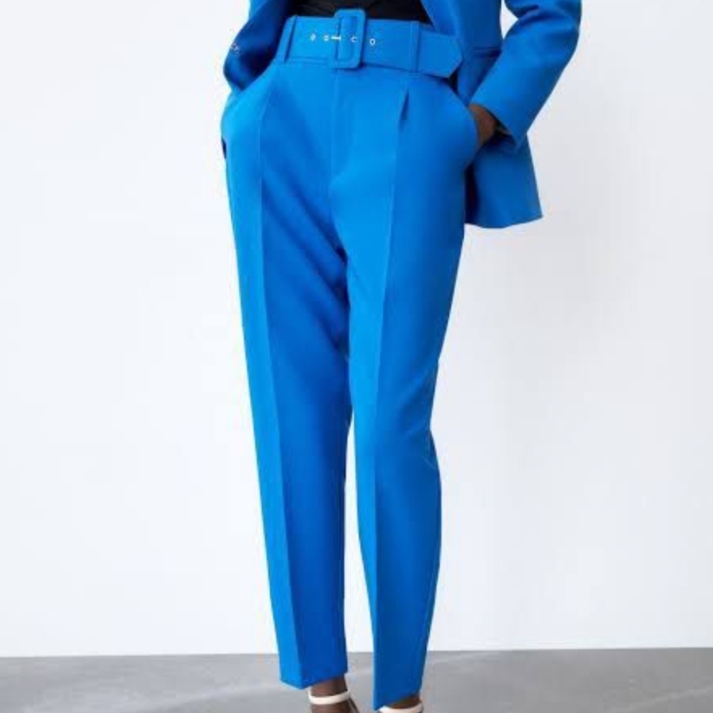 Zara Pants with Fabric-Covered Belt - Blue - Small